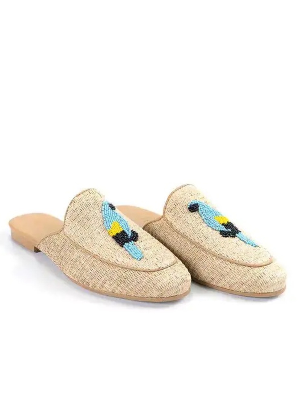 FARM Rio Sand Macaw Cream Raffia Loafer Mules with Blue Beaded Bird Motif